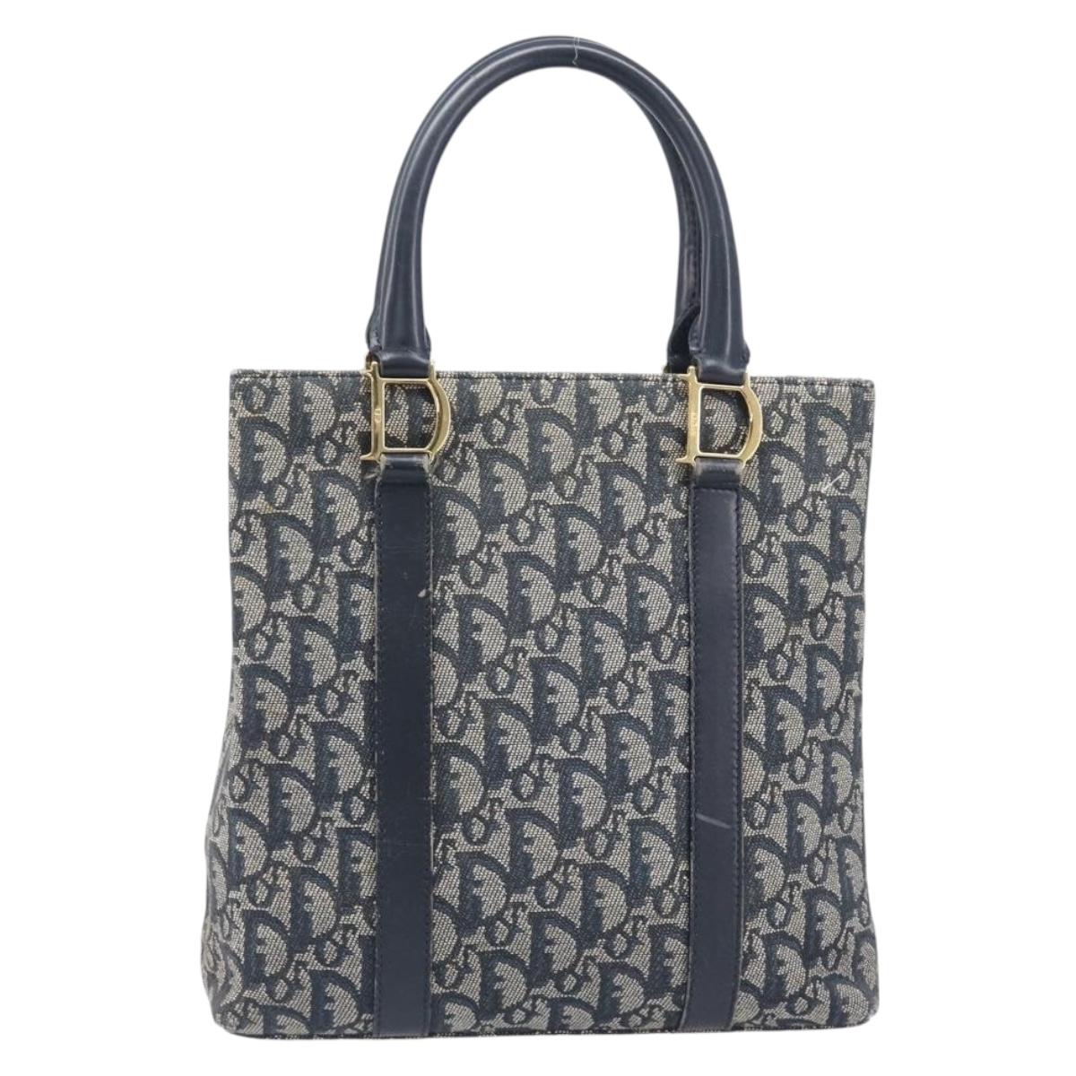 Christian Dior Trotter Canvas Hand Bag Navy Gold Tone Auth ep16785