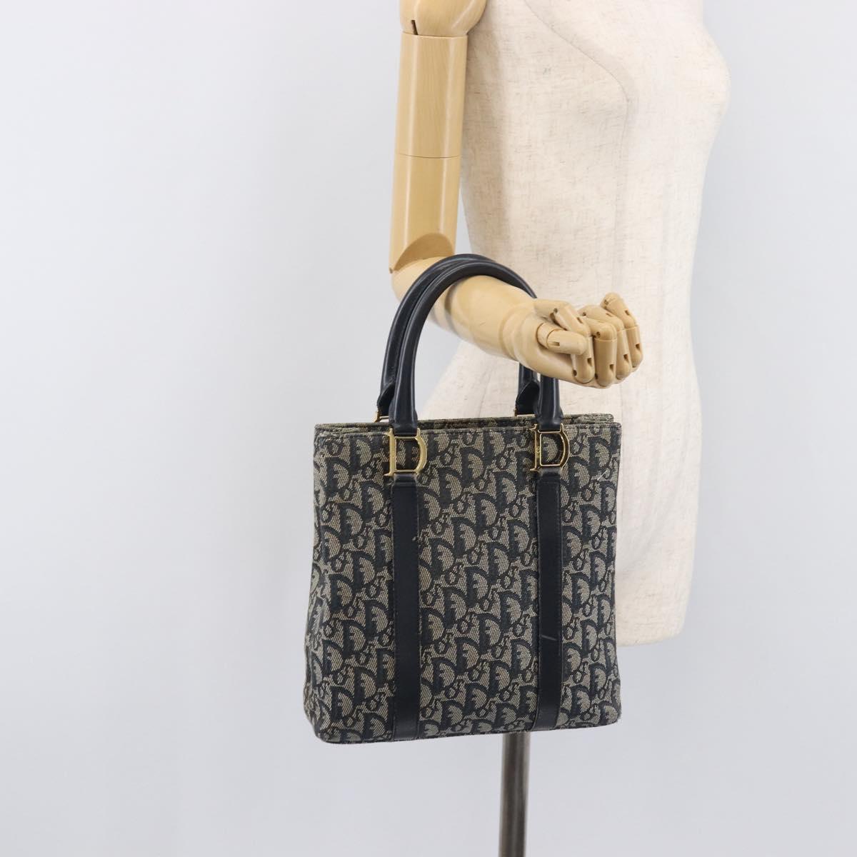 Christian Dior Trotter Canvas Hand Bag Navy Gold Tone Auth ep16785