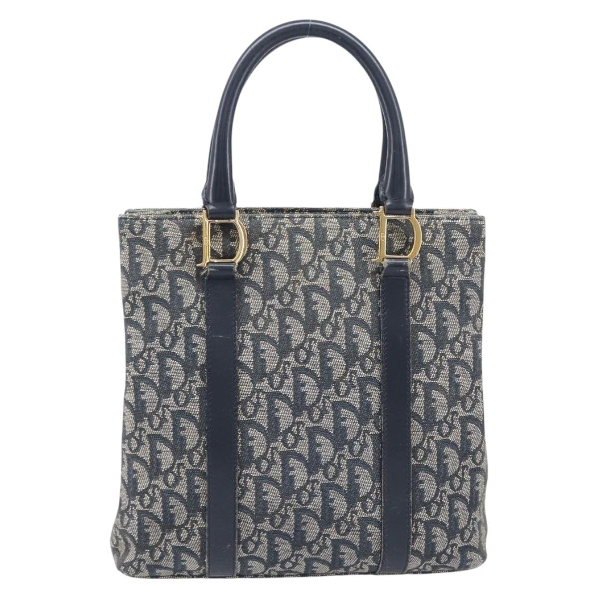 Christian Dior Trotter Canvas Hand Bag Navy Gold Tone Auth ep16785