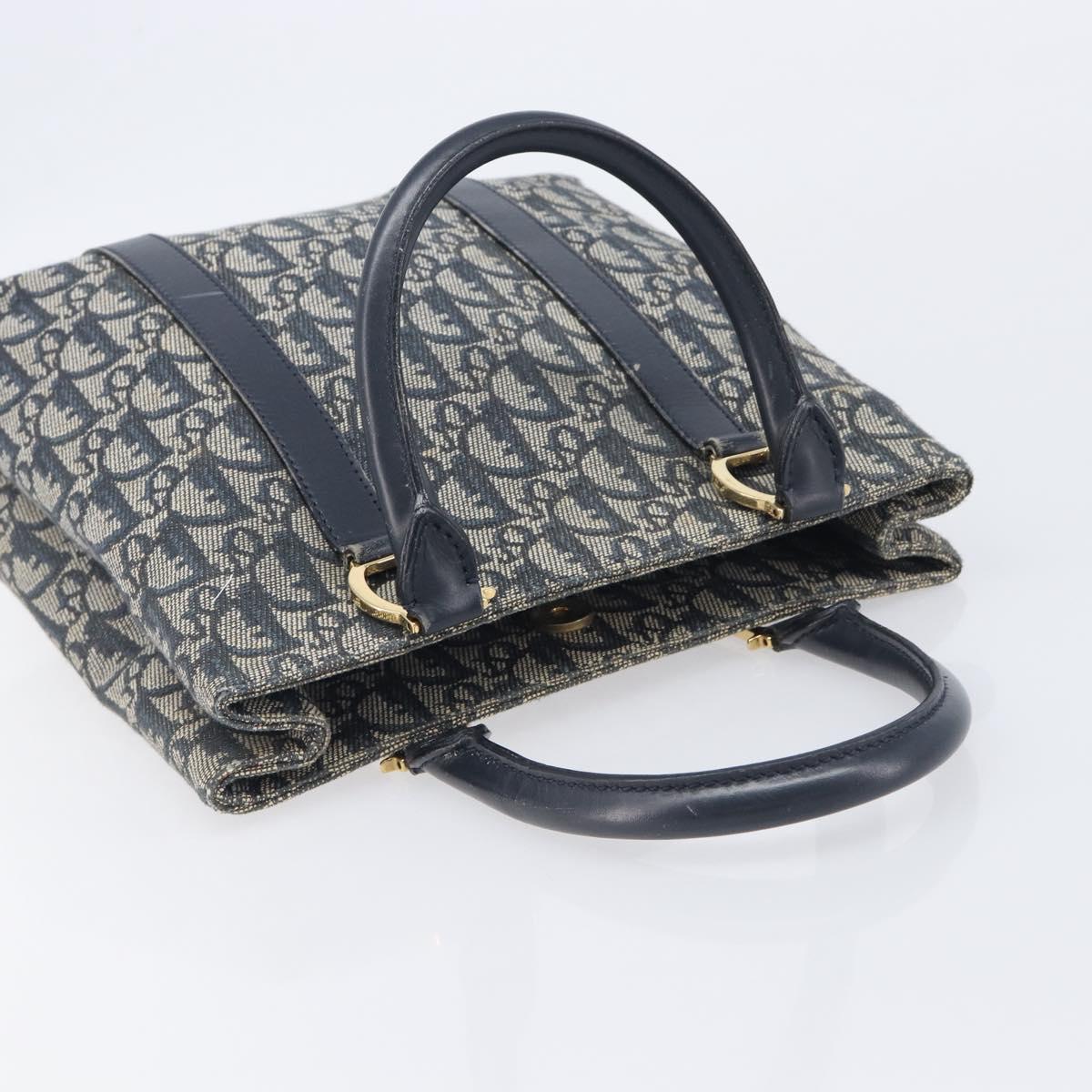 Christian Dior Trotter Canvas Hand Bag Navy Gold Tone Auth ep16785