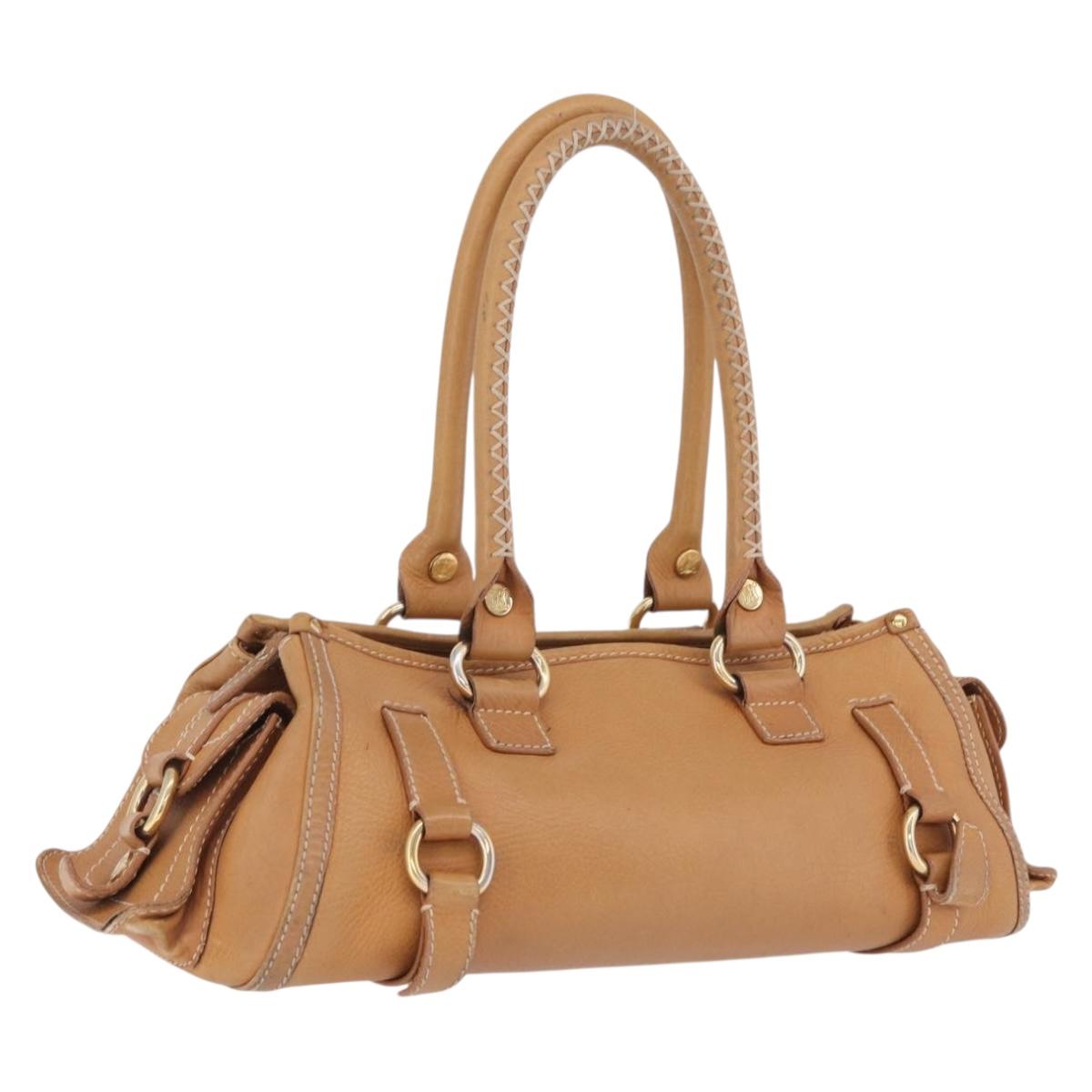 CELINE Hand Bag Leather Beige Gold Tone Auth ep16789A