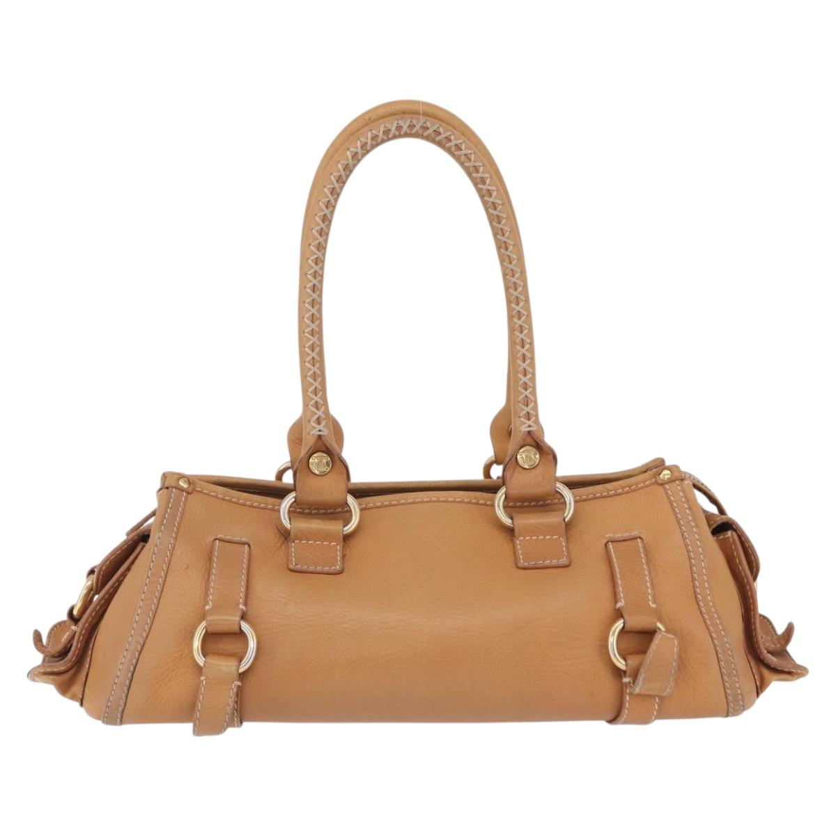 CELINE Hand Bag Leather Beige Gold Tone Auth ep16789A