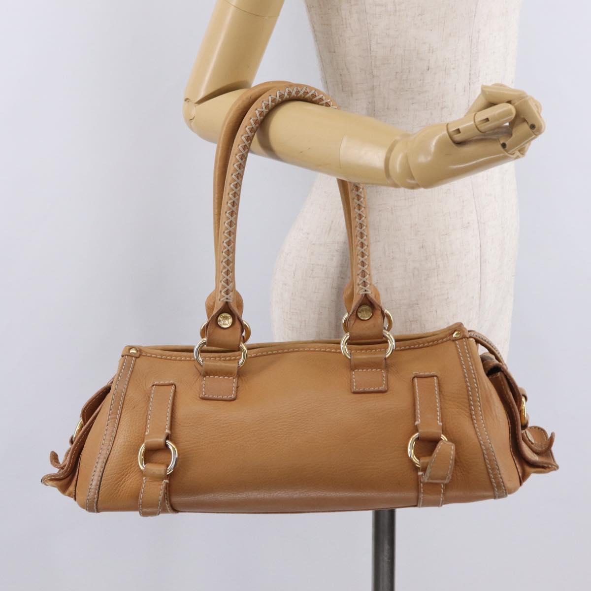 CELINE Hand Bag Leather Beige Gold Tone Auth ep16789A