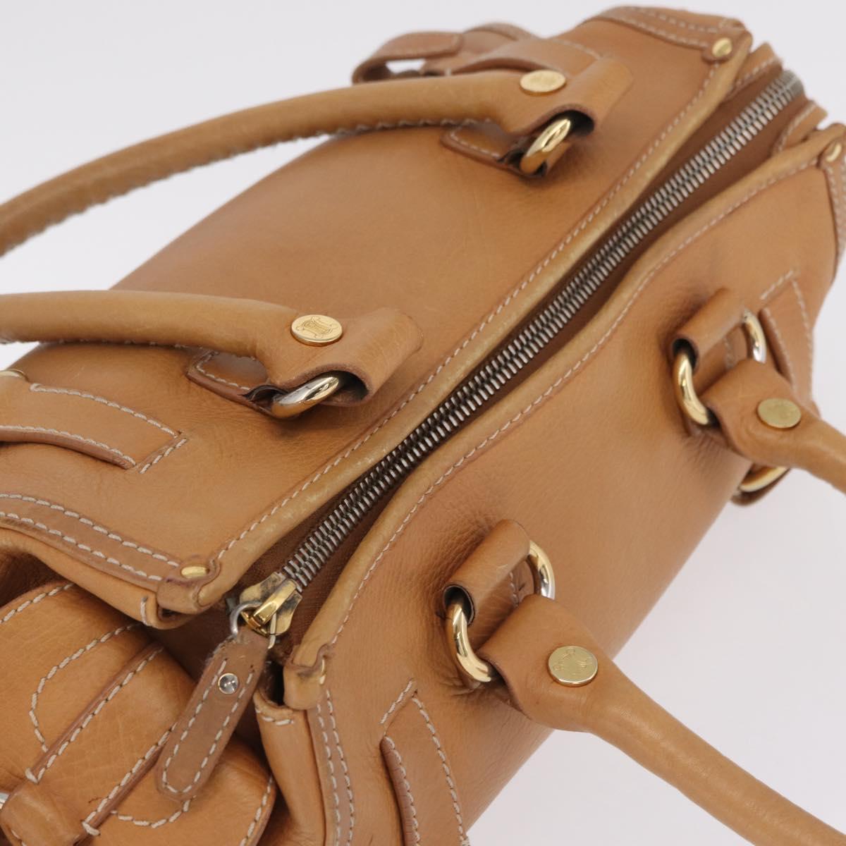 CELINE Hand Bag Leather Beige Gold Tone Auth ep16789A