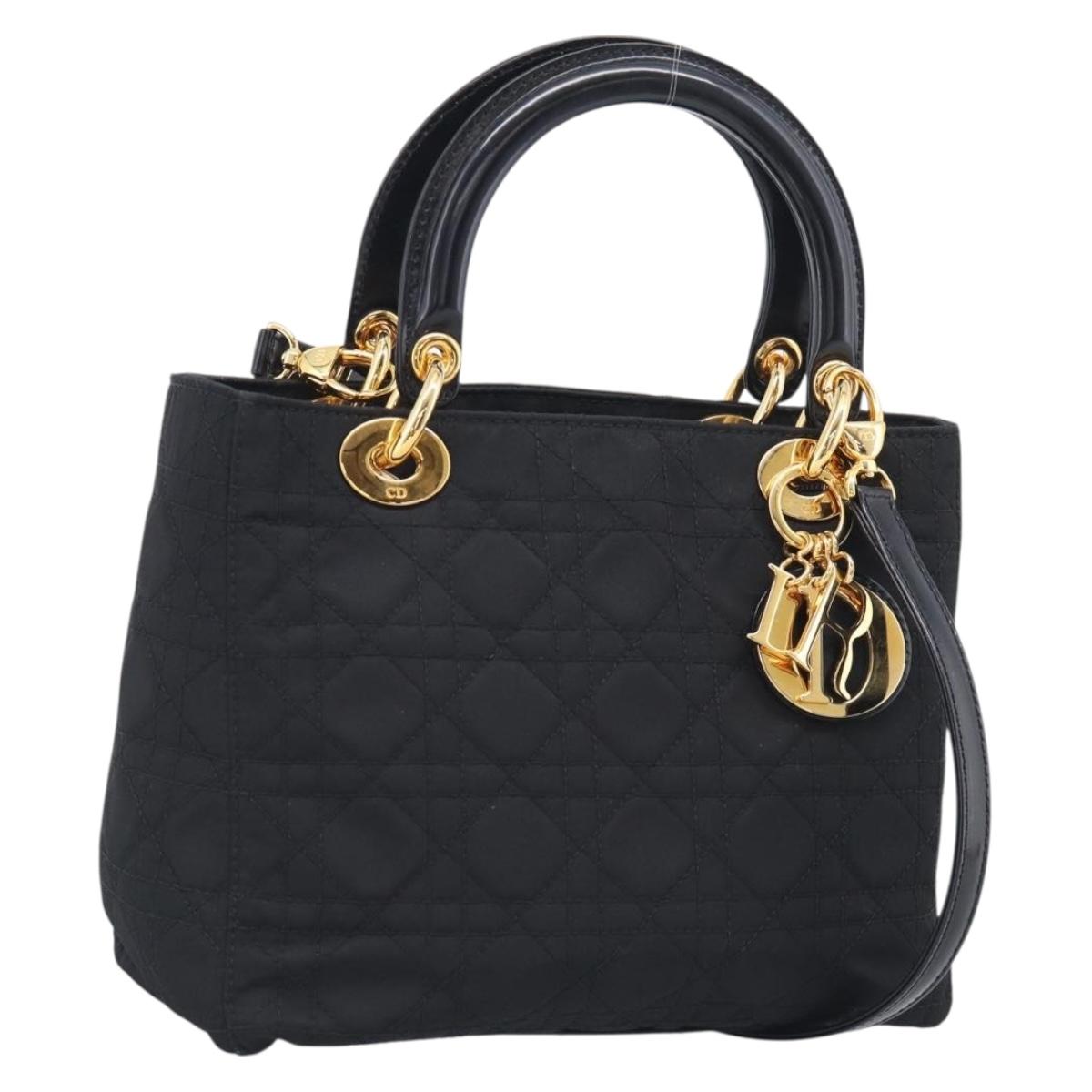 Christian Dior Lady Dior Canage Hand Bag Nylon 2way Black Gold Auth ep16794V