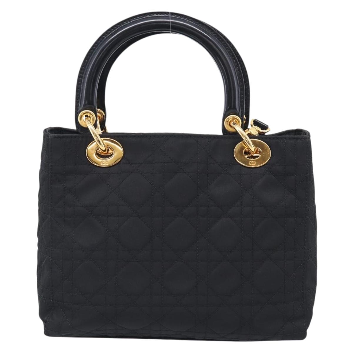 Christian Dior Lady Dior Canage Hand Bag Nylon 2way Black Gold Auth ep16794V