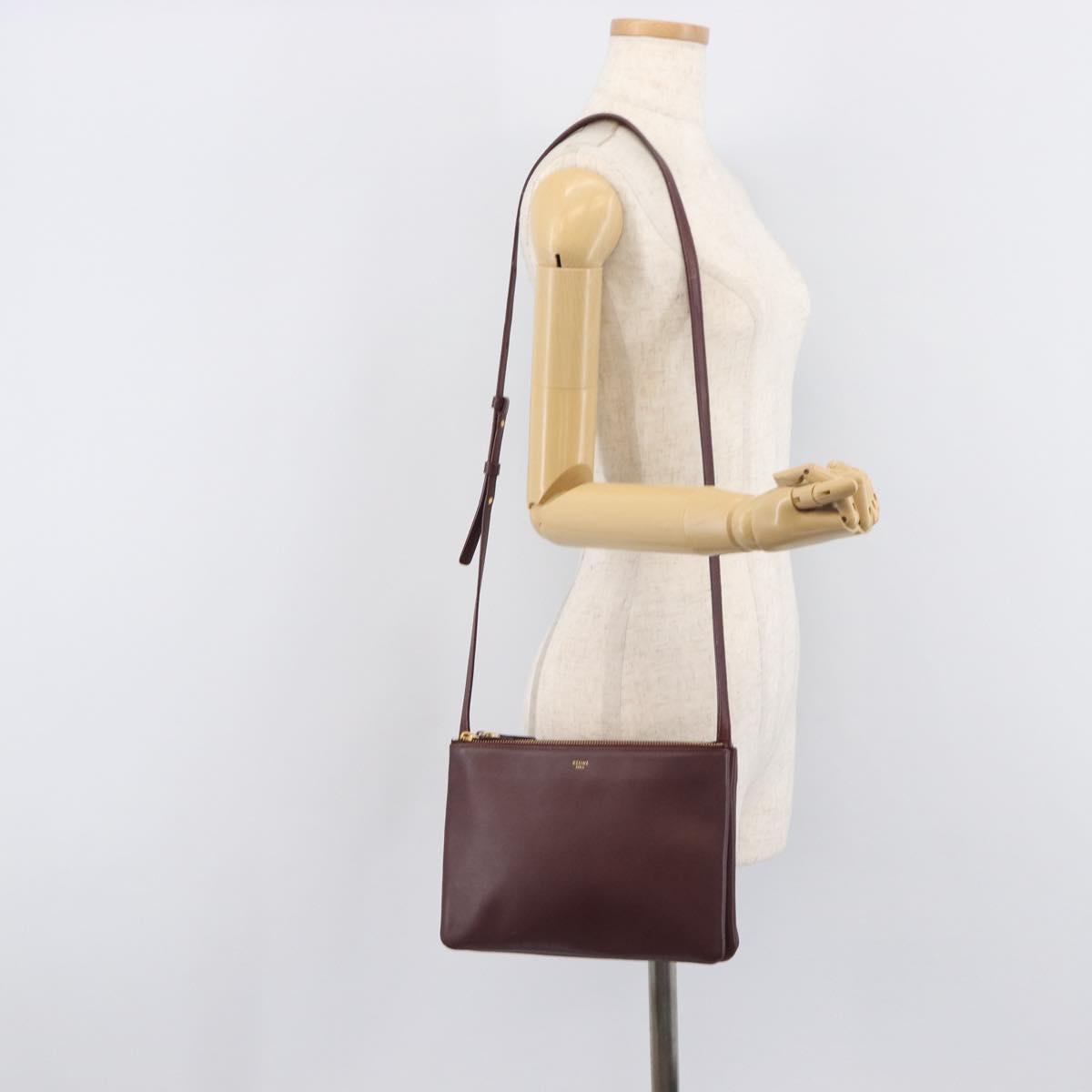 CELINE trio Shoulder Bag Leather Bordeaux Gold Auth ep16797A