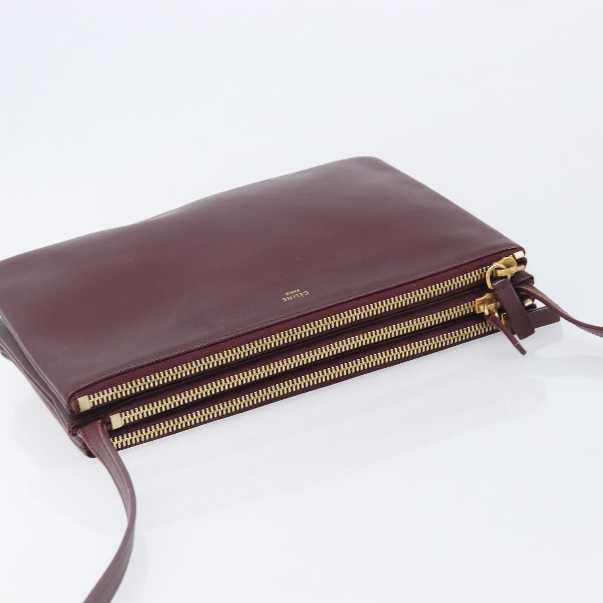 CELINE trio Shoulder Bag Leather Bordeaux Gold Auth ep16797A