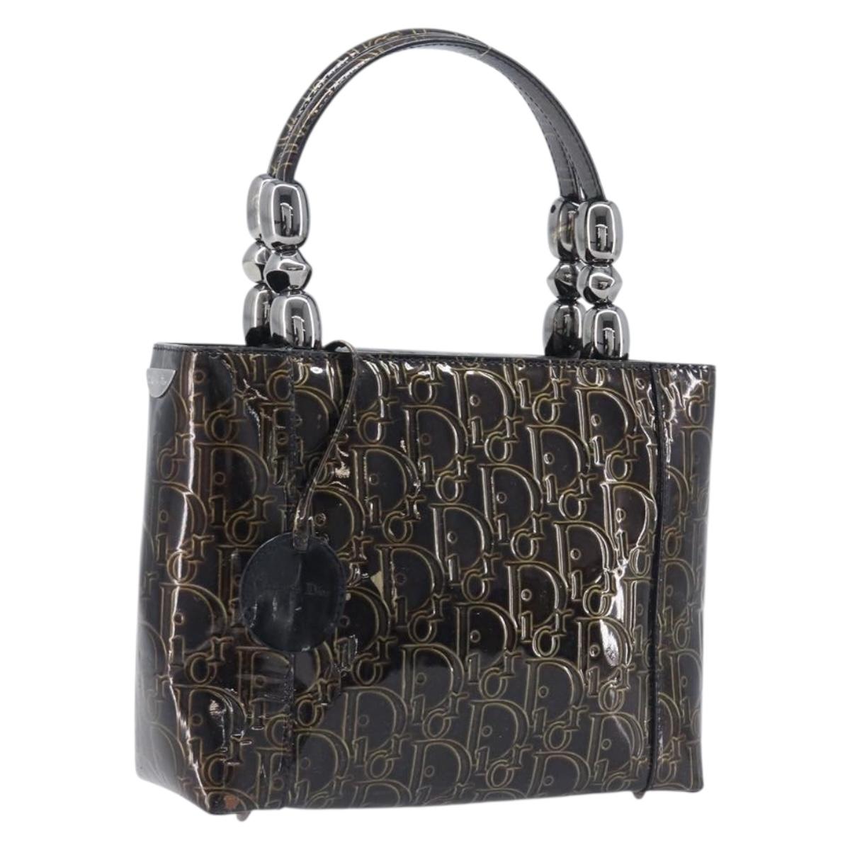 Christian Dior Maris Pearl Bag Patent Leather Dark Brown Silver Auth ep16803
