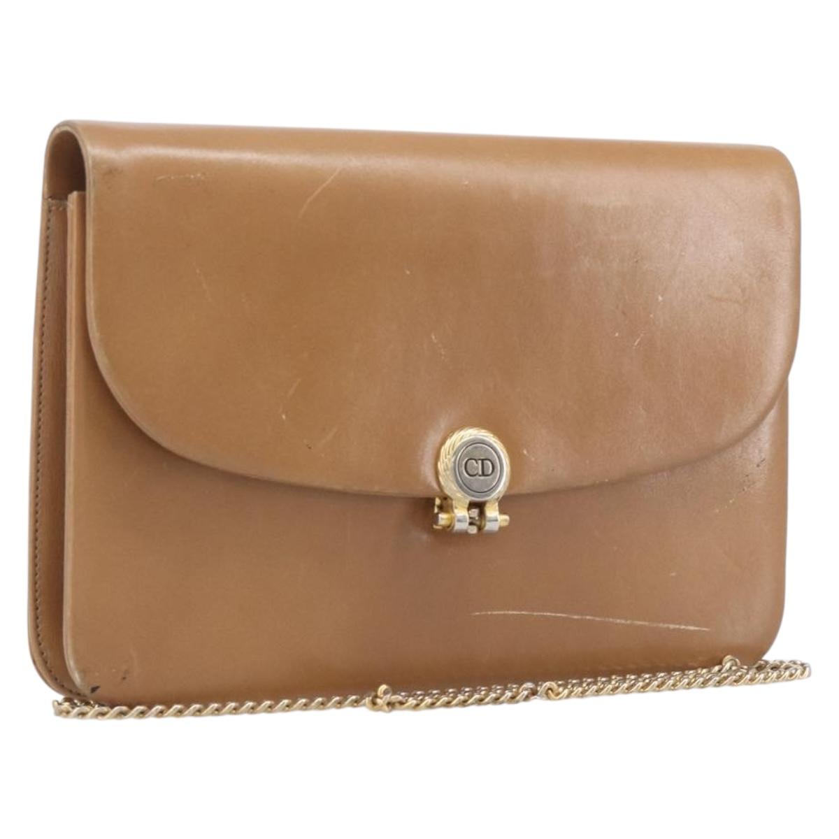 Christian Dior Chain Shoulder Bag Leather Beige Gold Auth ep16809