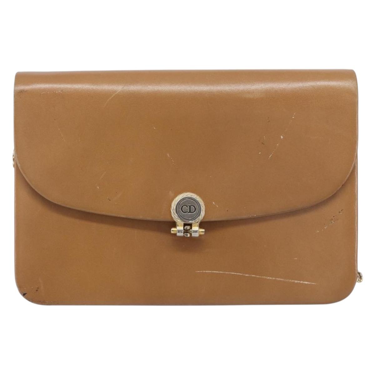 Christian Dior Chain Shoulder Bag Leather Beige Gold Auth ep16809