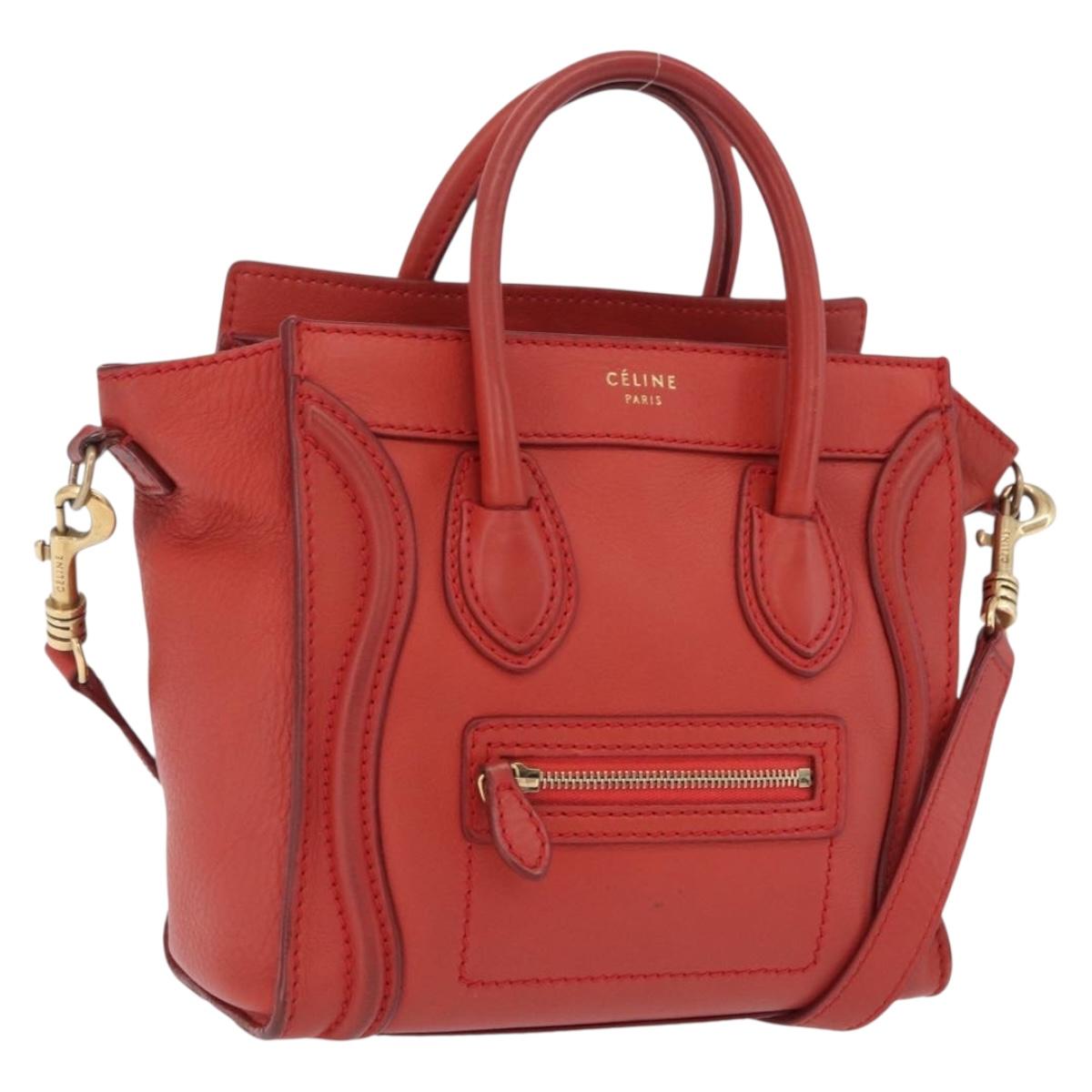 CELINE Luggage Nano Shopper Hand Bag Leather 2way Red Gold Auth ep16814A