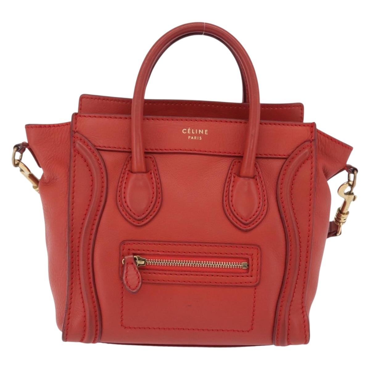 CELINE Luggage Nano Shopper Hand Bag Leather 2way Red Gold Auth ep16814A
