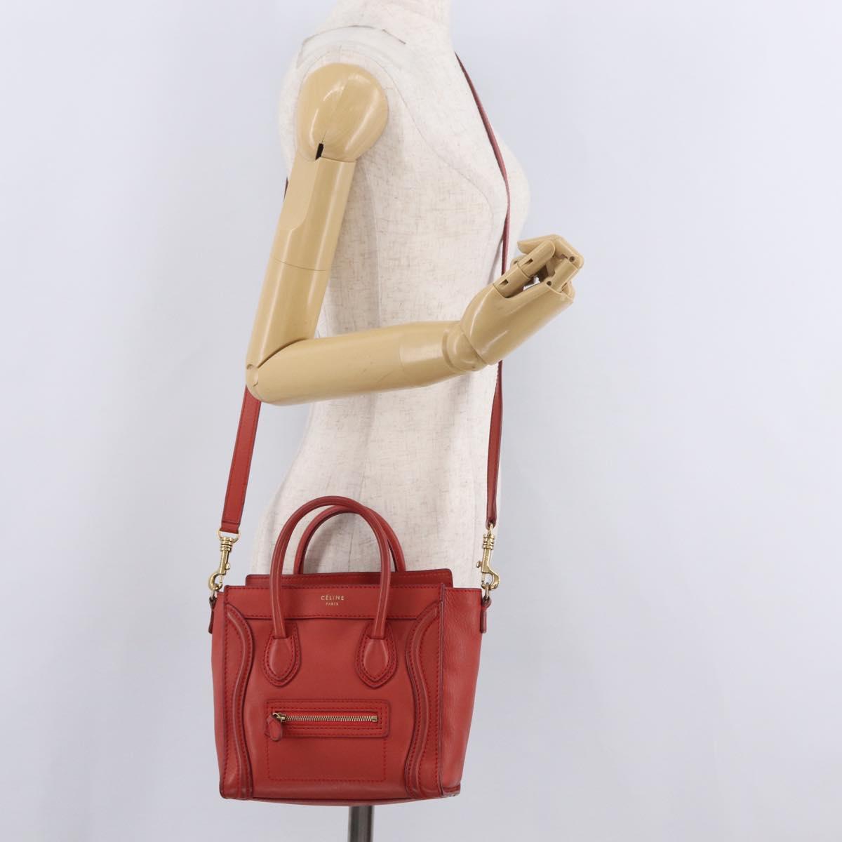 CELINE Luggage Nano Shopper Hand Bag Leather 2way Red Gold Auth ep16814A
