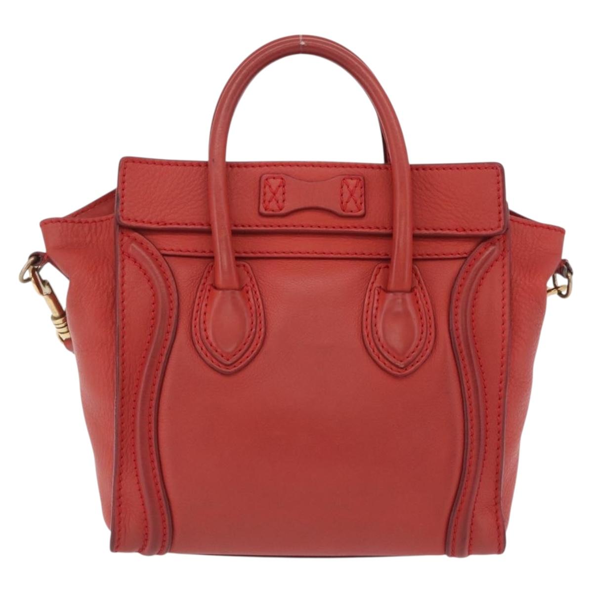 CELINE Luggage Nano Shopper Hand Bag Leather 2way Red Gold Auth ep16814A