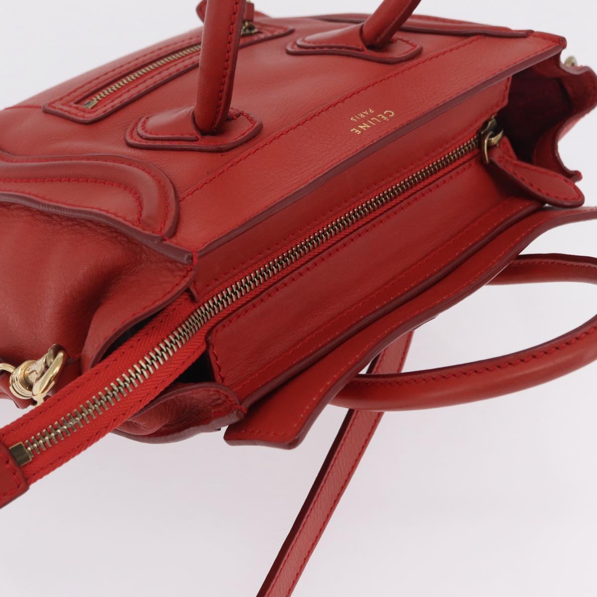 CELINE Luggage Nano Shopper Hand Bag Leather 2way Red Gold Auth ep16814A