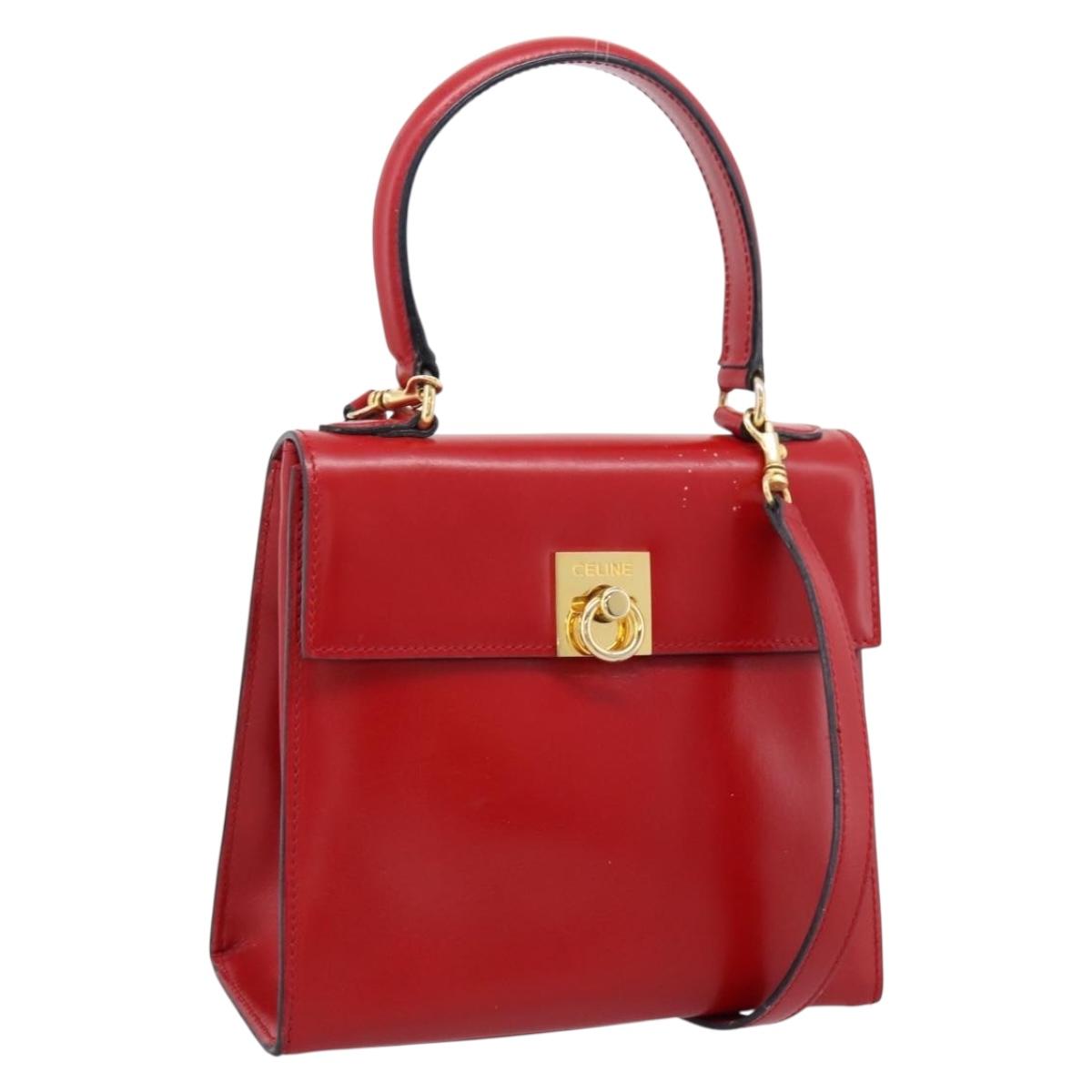 CELINE Hand Bag Leather 2way Red Gold Auth ep16885A
