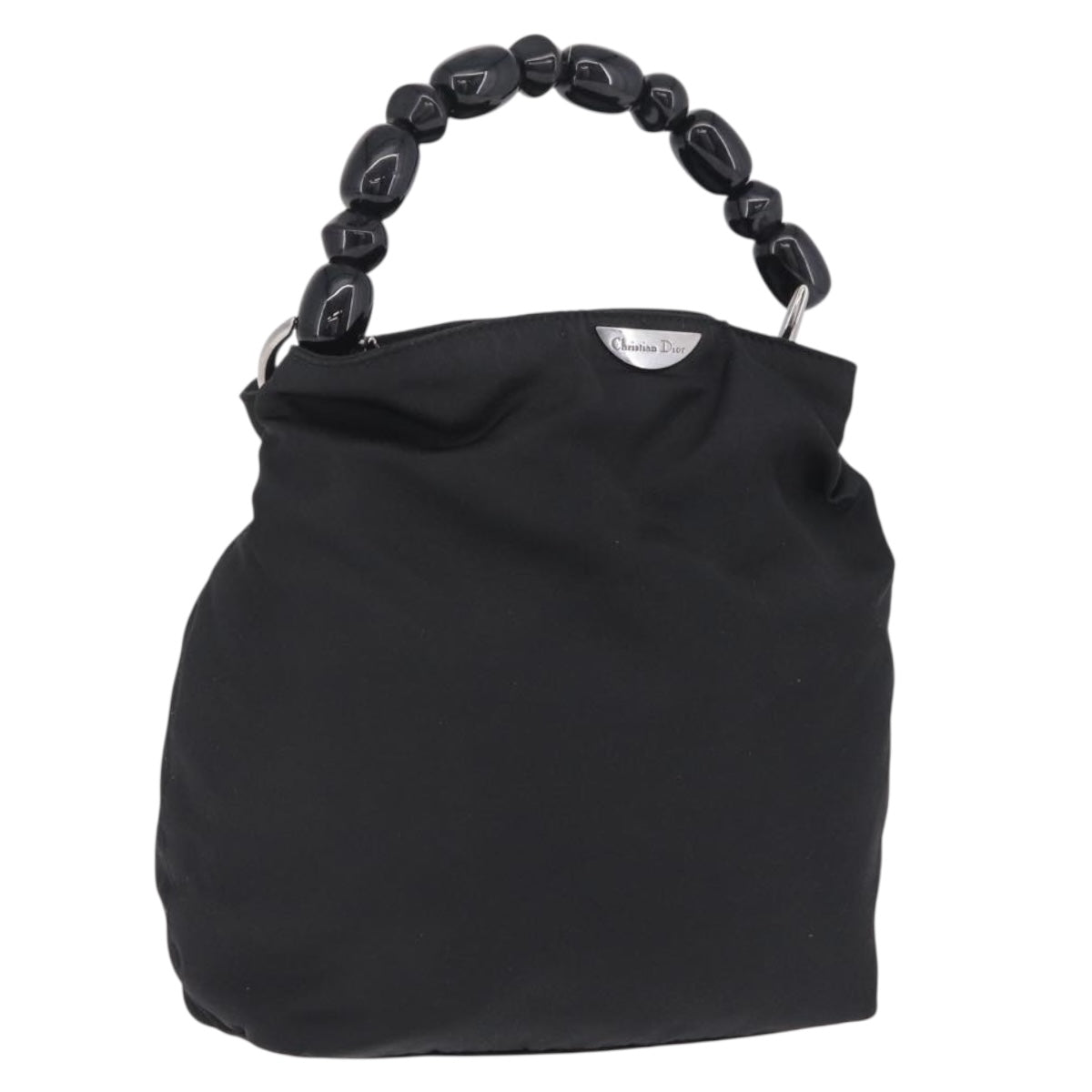 Christian Dior Maris Pearl Hand Bag Nylon Black Silver Auth ep16889