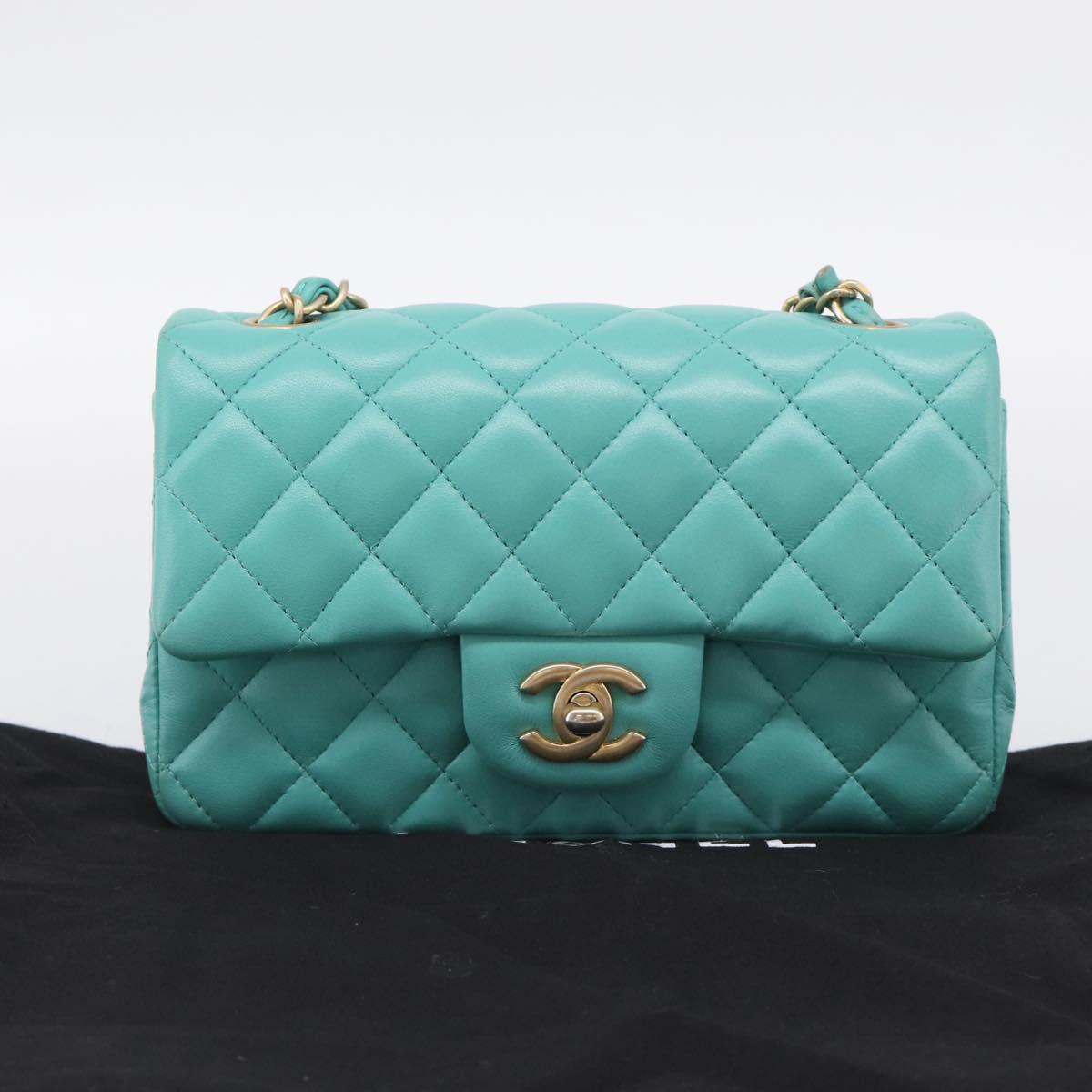 CHANEL Mini Matelasse 20 Chain Bag Lamb Skin Green Gold CC Auth ep16926SAM