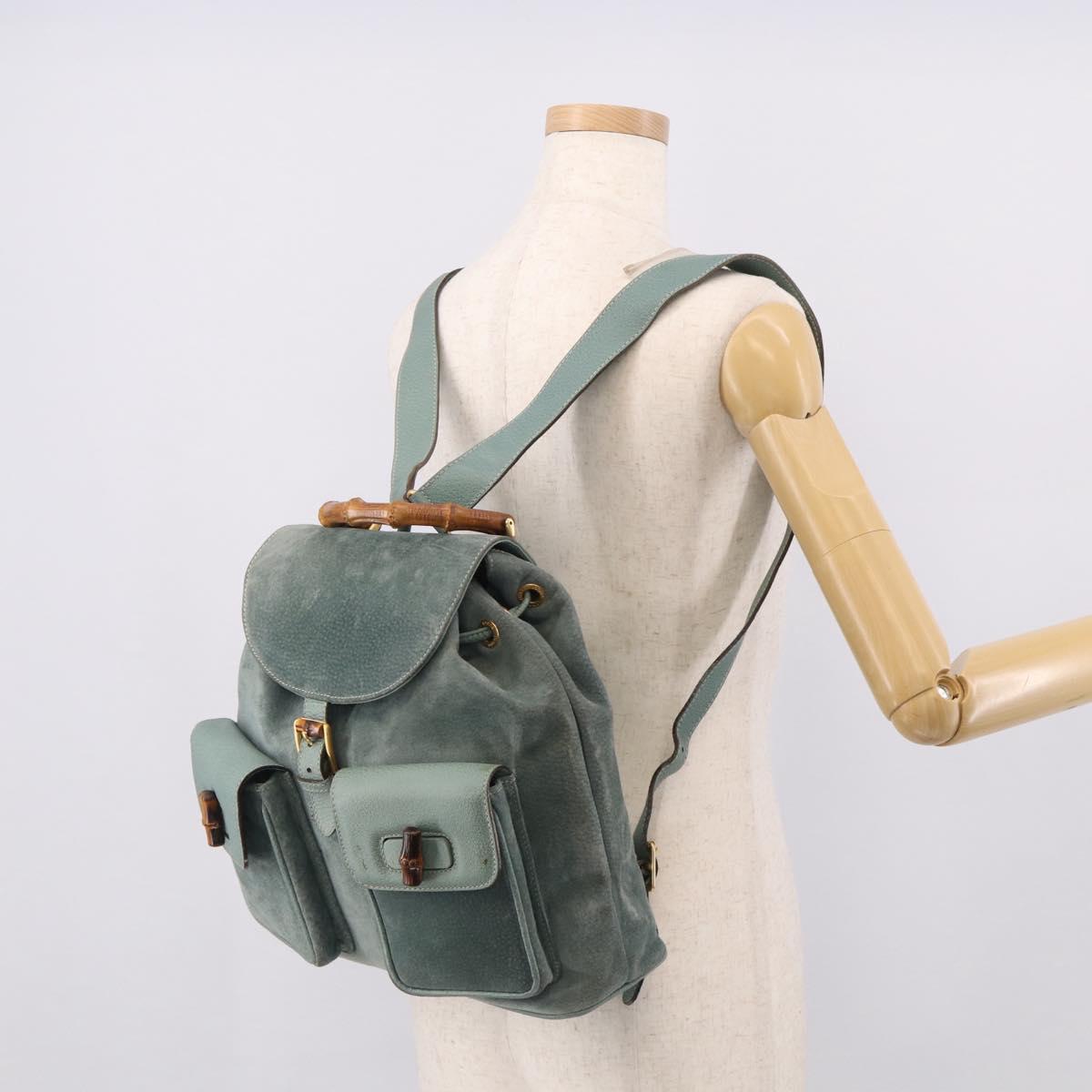 GUCCI Bamboo Backpack Suede Green Gold Tone 003 2058 0016 Auth ep16946