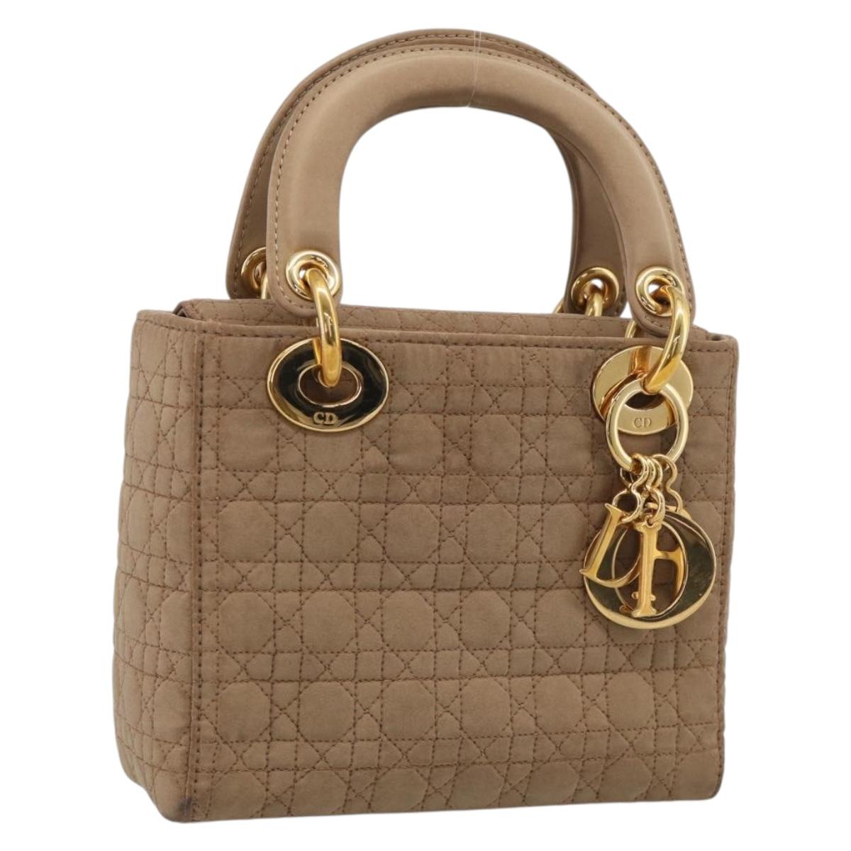 Christian Dior Lady Dior Canage Hand Bag Canvas Beige Gold Tone Auth ep16955