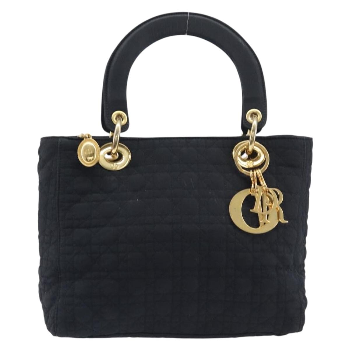 Christian Dior Lady Dior Canage Hand Bag Canvas Black Gold Tone Auth ep16956