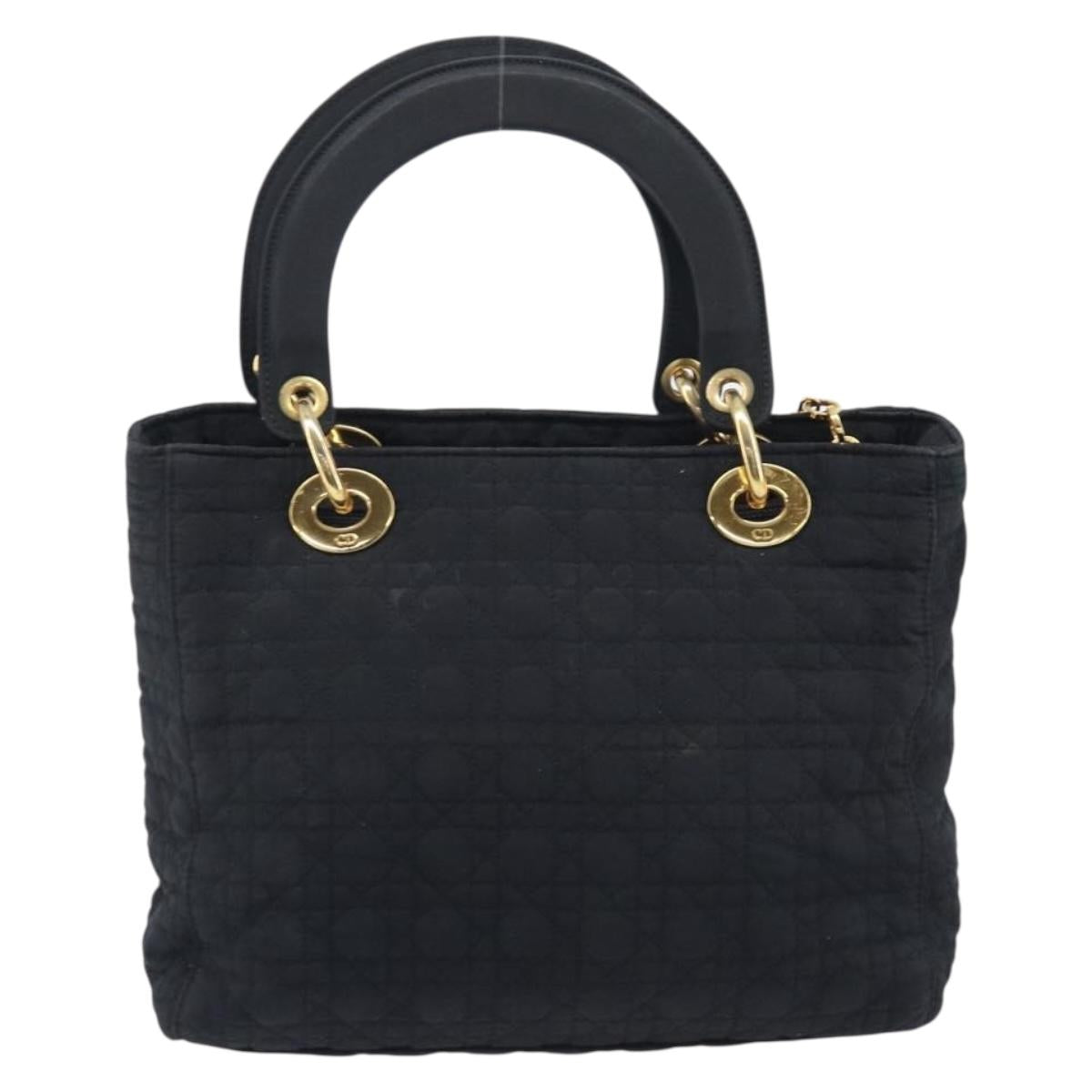 Christian Dior Lady Dior Canage Hand Bag Canvas Black Gold Tone Auth ep16956