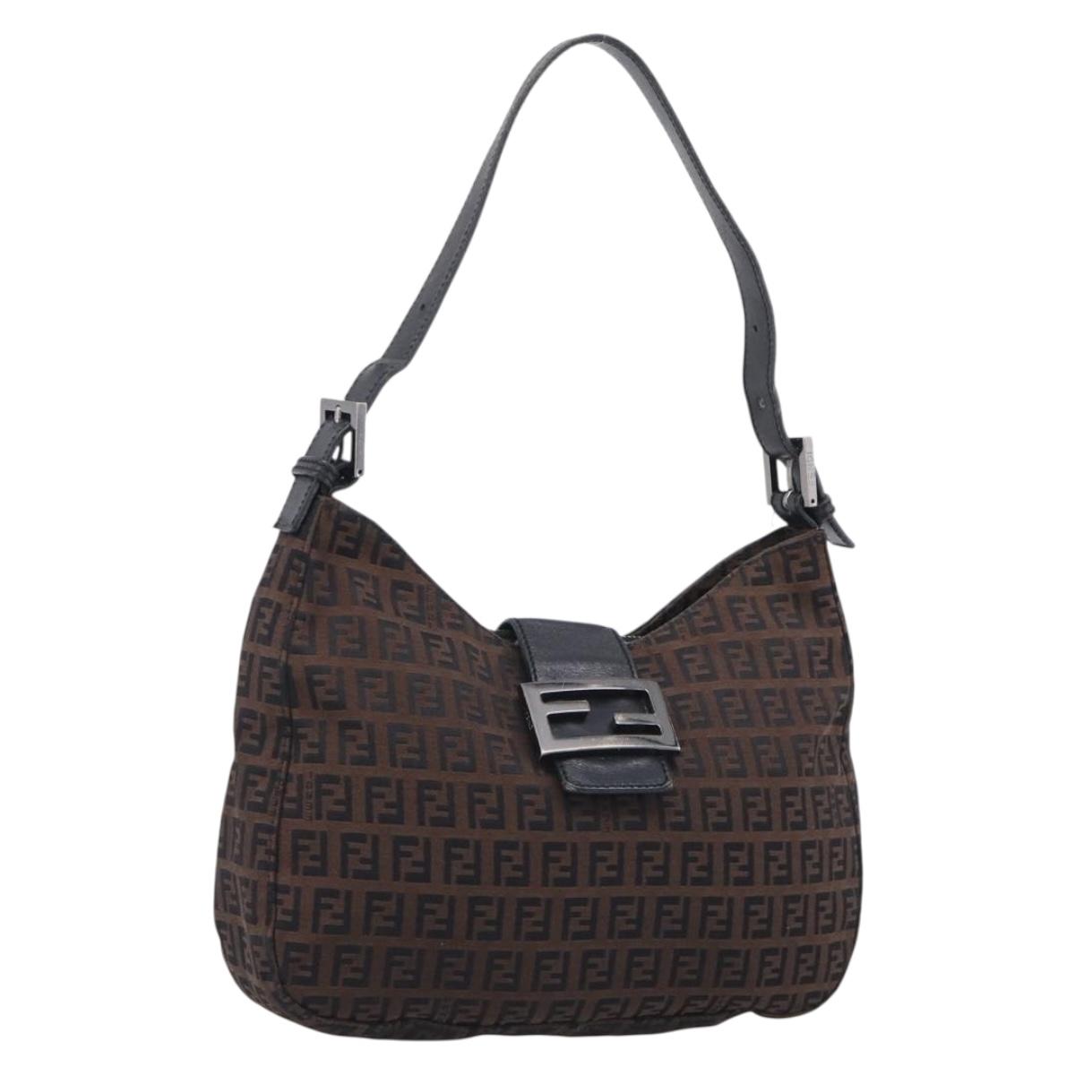 FENDI Zucchino Canvas Mamma Baguette Shoulder Bag Dark Brown 8BR036 Auth ep16960