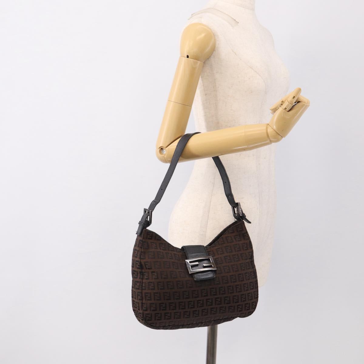 FENDI Zucchino Canvas Mamma Baguette Shoulder Bag Dark Brown 8BR036 Auth ep16960