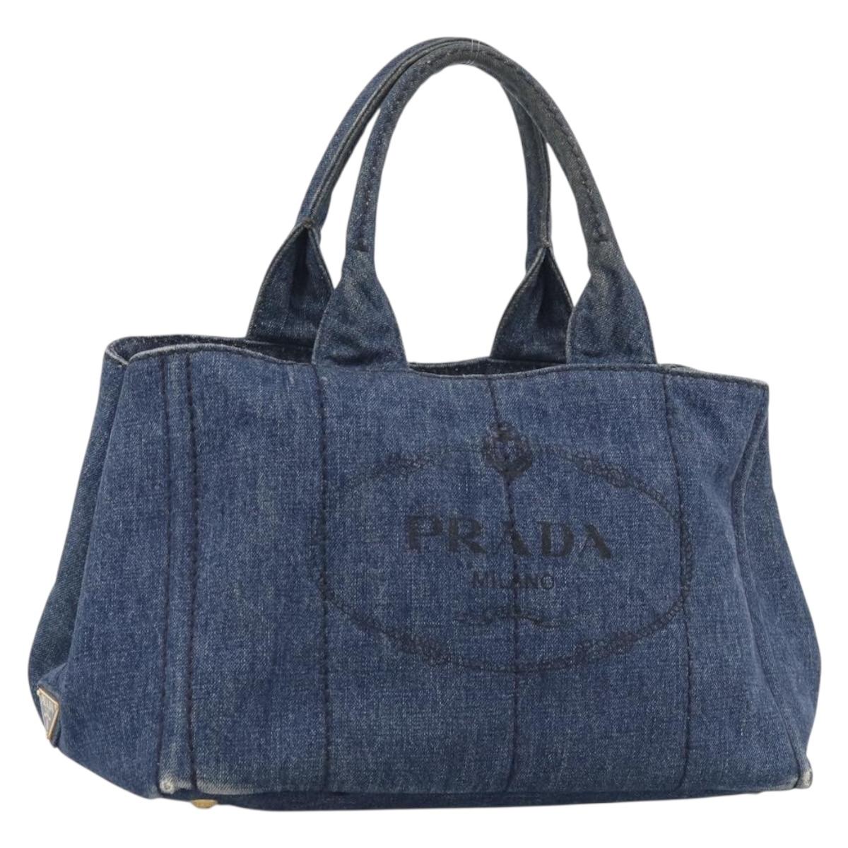 PRADA Canapa MM Hand Bag Denim Blue Gold Tone Auth ep16977