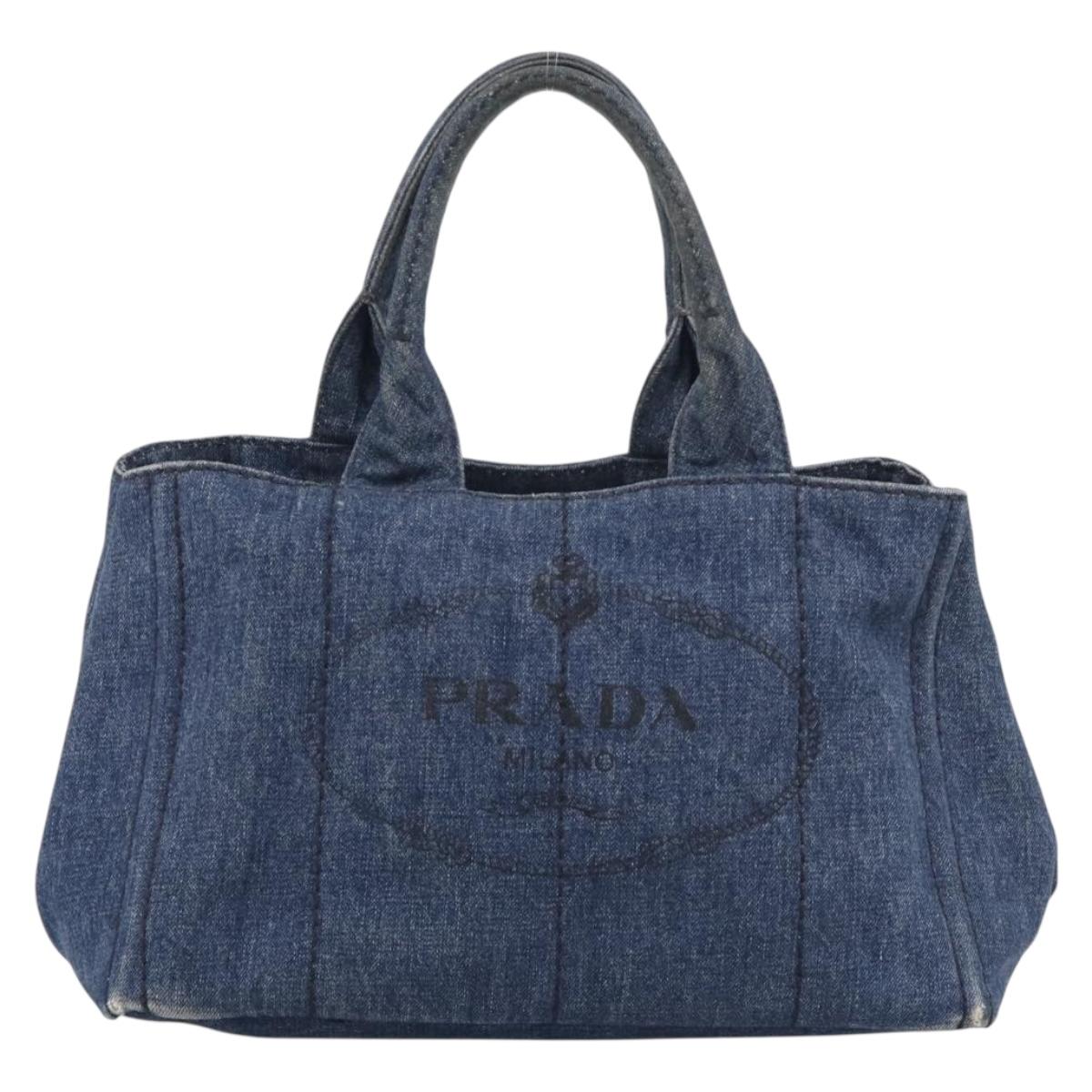 PRADA Canapa MM Hand Bag Denim Blue Gold Tone Auth ep16977
