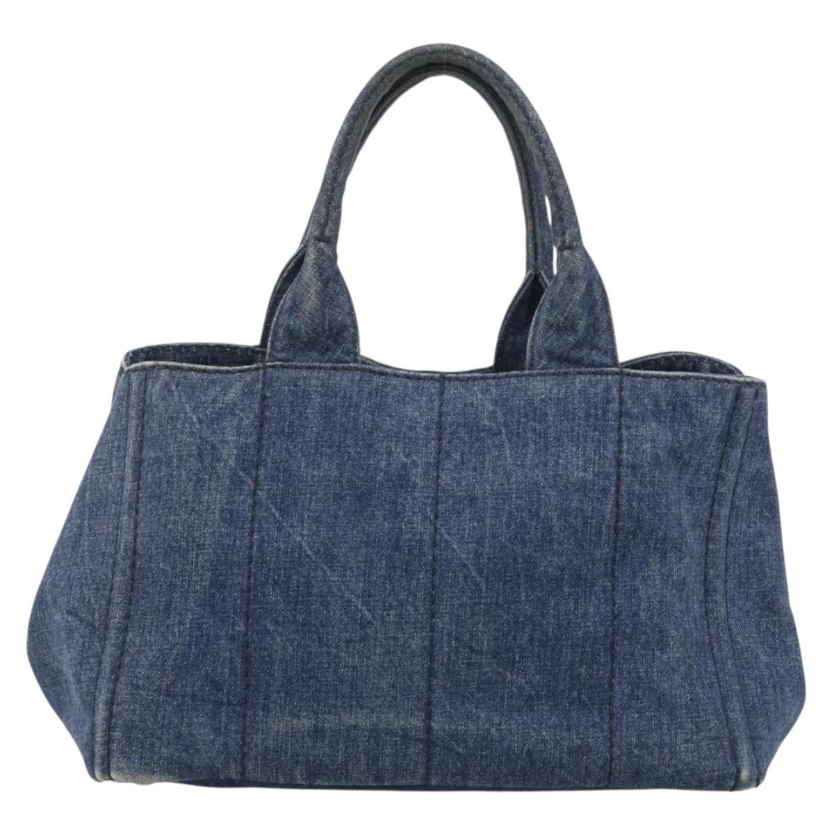 PRADA Canapa MM Hand Bag Denim Blue Gold Tone Auth ep16977