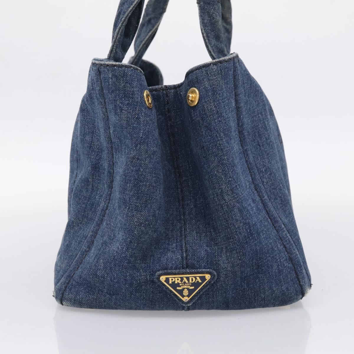 PRADA Canapa MM Hand Bag Denim Blue Gold Tone Auth ep16977