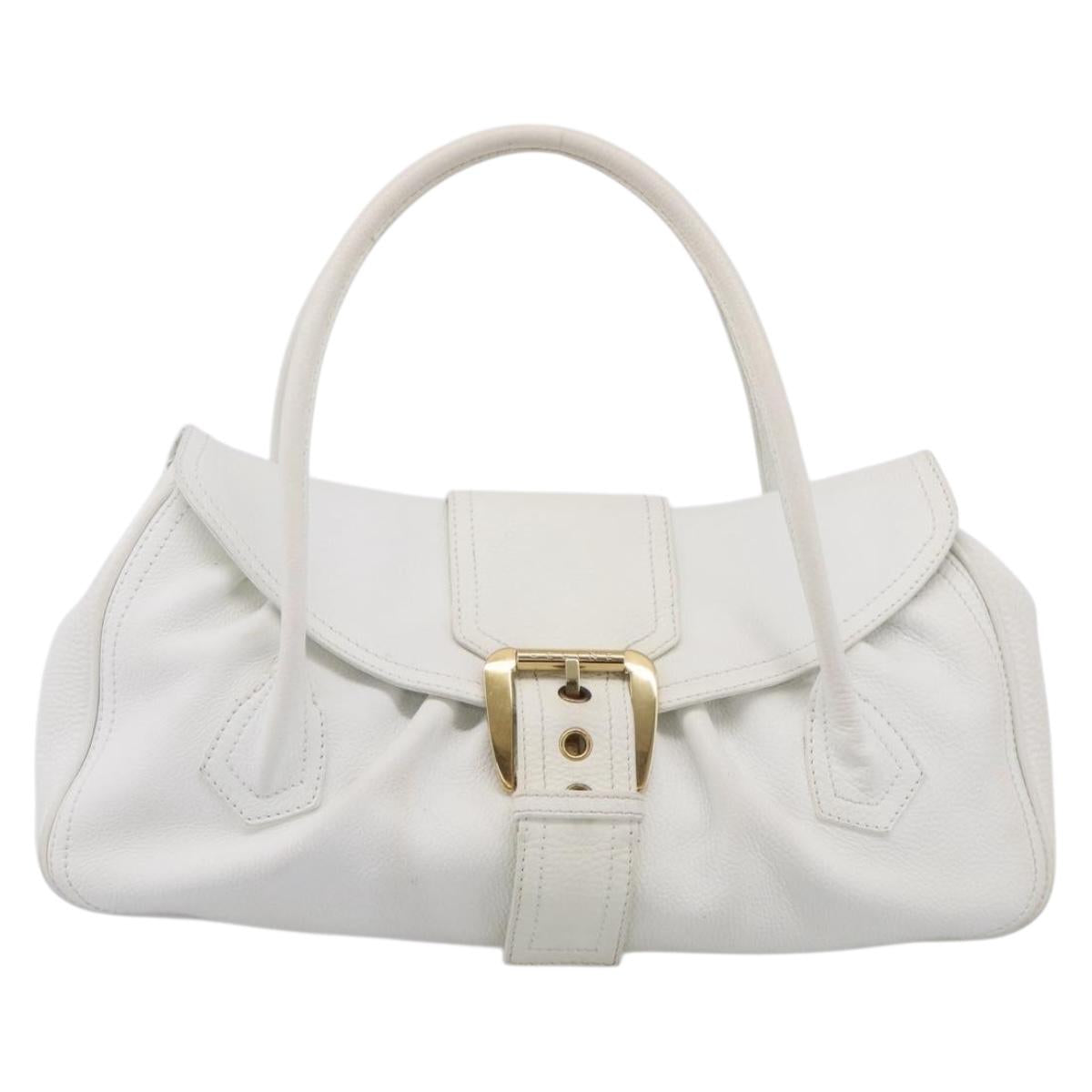 CELINE Hand Bag Leather White Gold Tone Auth ep16986A