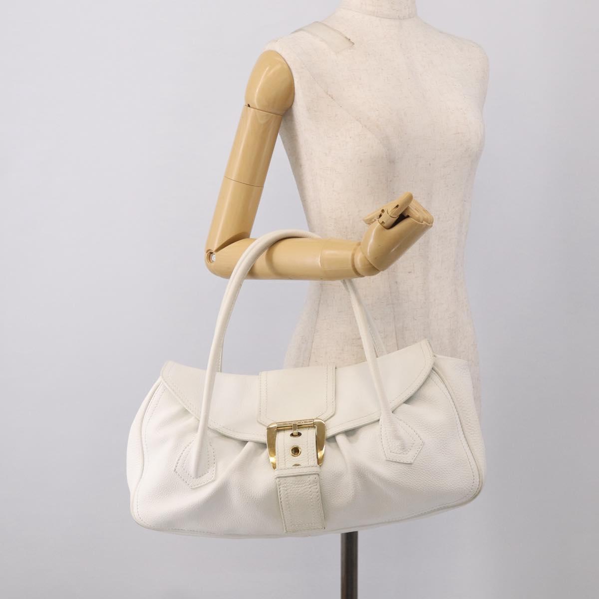 CELINE Hand Bag Leather White Gold Tone Auth ep16986A