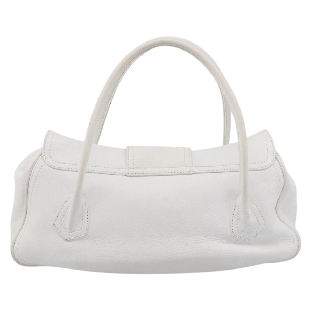 CELINE Hand Bag Leather White Gold Tone Auth ep16986A