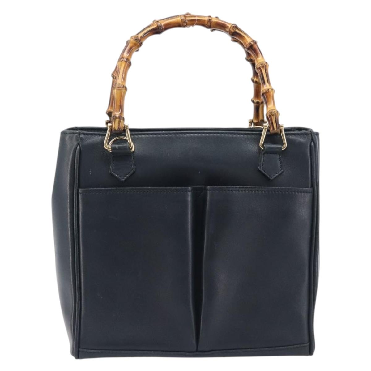 GUCCI Bamboo Hand Bag Leather Navy Gold Tone 000 1364 0316 Auth ep17004