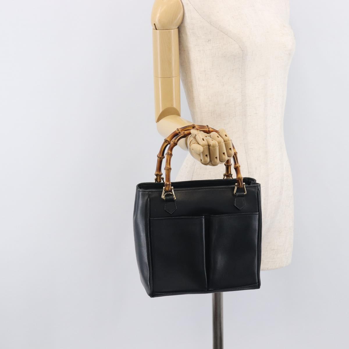 GUCCI Bamboo Hand Bag Leather Navy Gold Tone 000 1364 0316 Auth ep17004