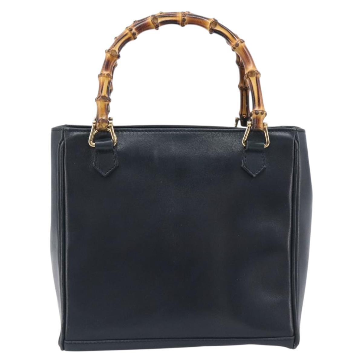 GUCCI Bamboo Hand Bag Leather Navy Gold Tone 000 1364 0316 Auth ep17004