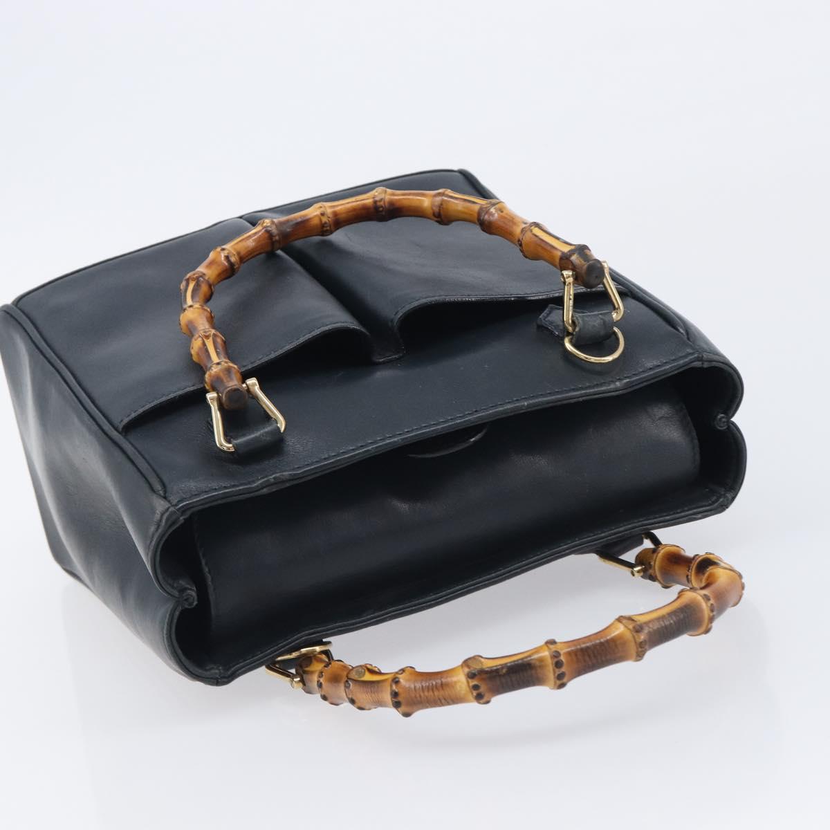 GUCCI Bamboo Hand Bag Leather Navy Gold Tone 000 1364 0316 Auth ep17004