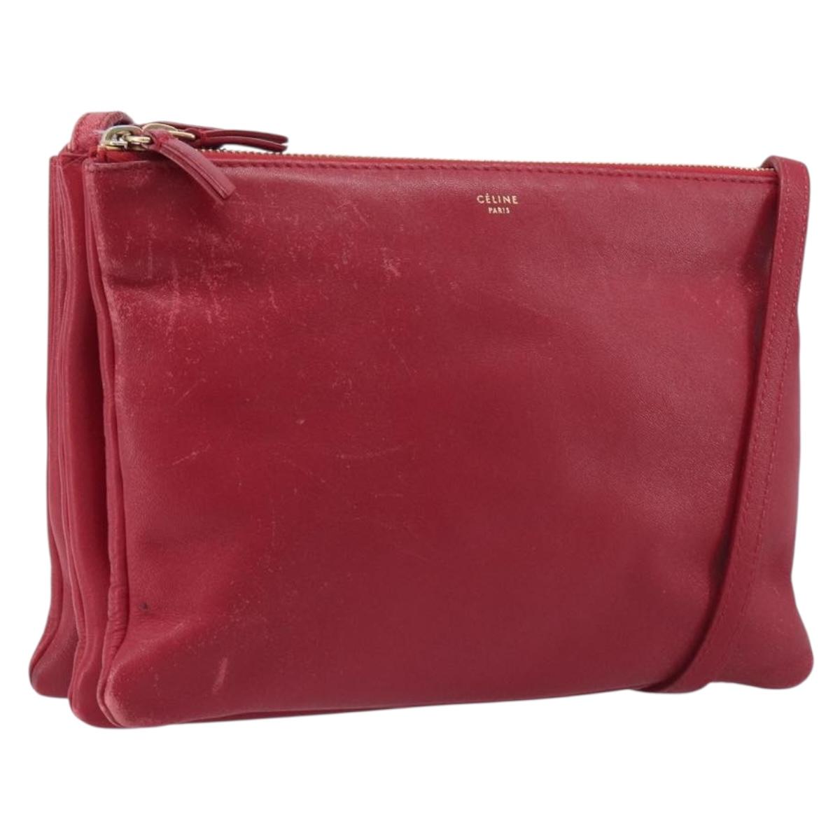 CELINE Trio Shoulder Bag Leather Red Gold Tone Auth ep17054