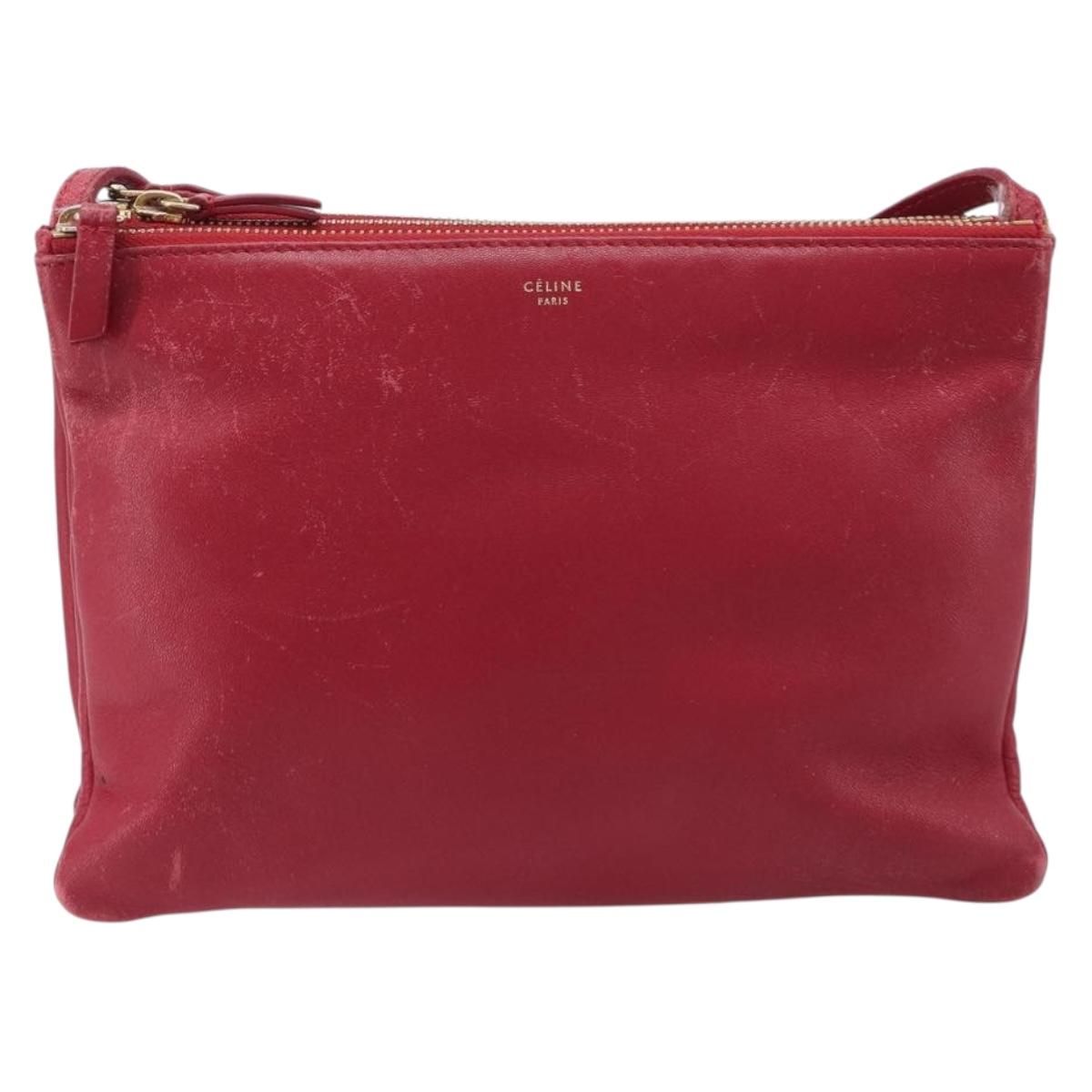 CELINE Trio Shoulder Bag Leather Red Gold Tone Auth ep17054