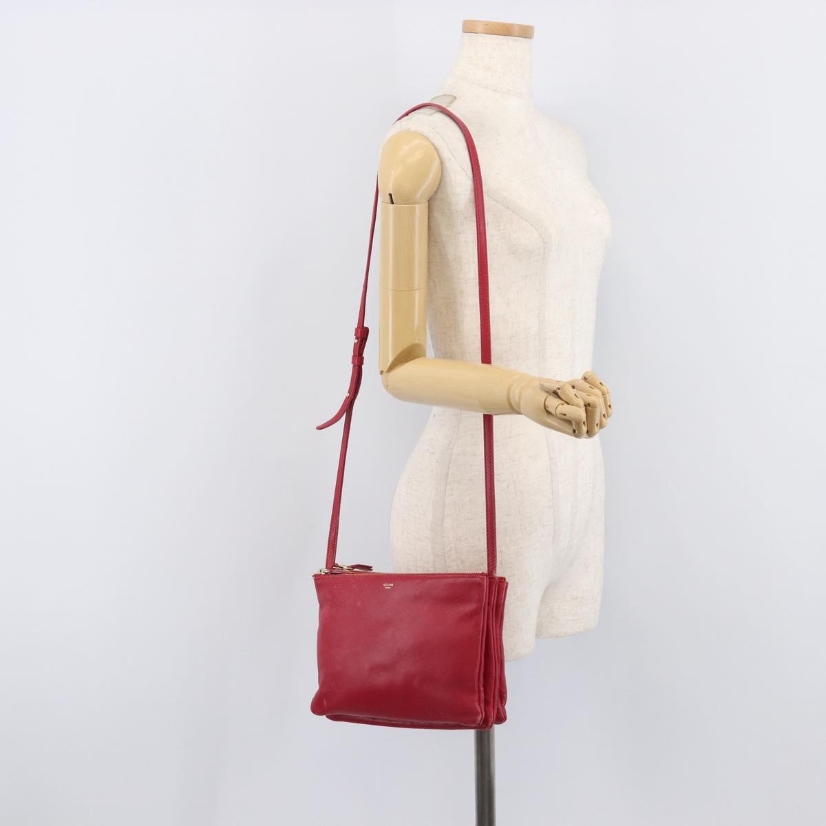 CELINE Trio Shoulder Bag Leather Red Gold Tone Auth ep17054