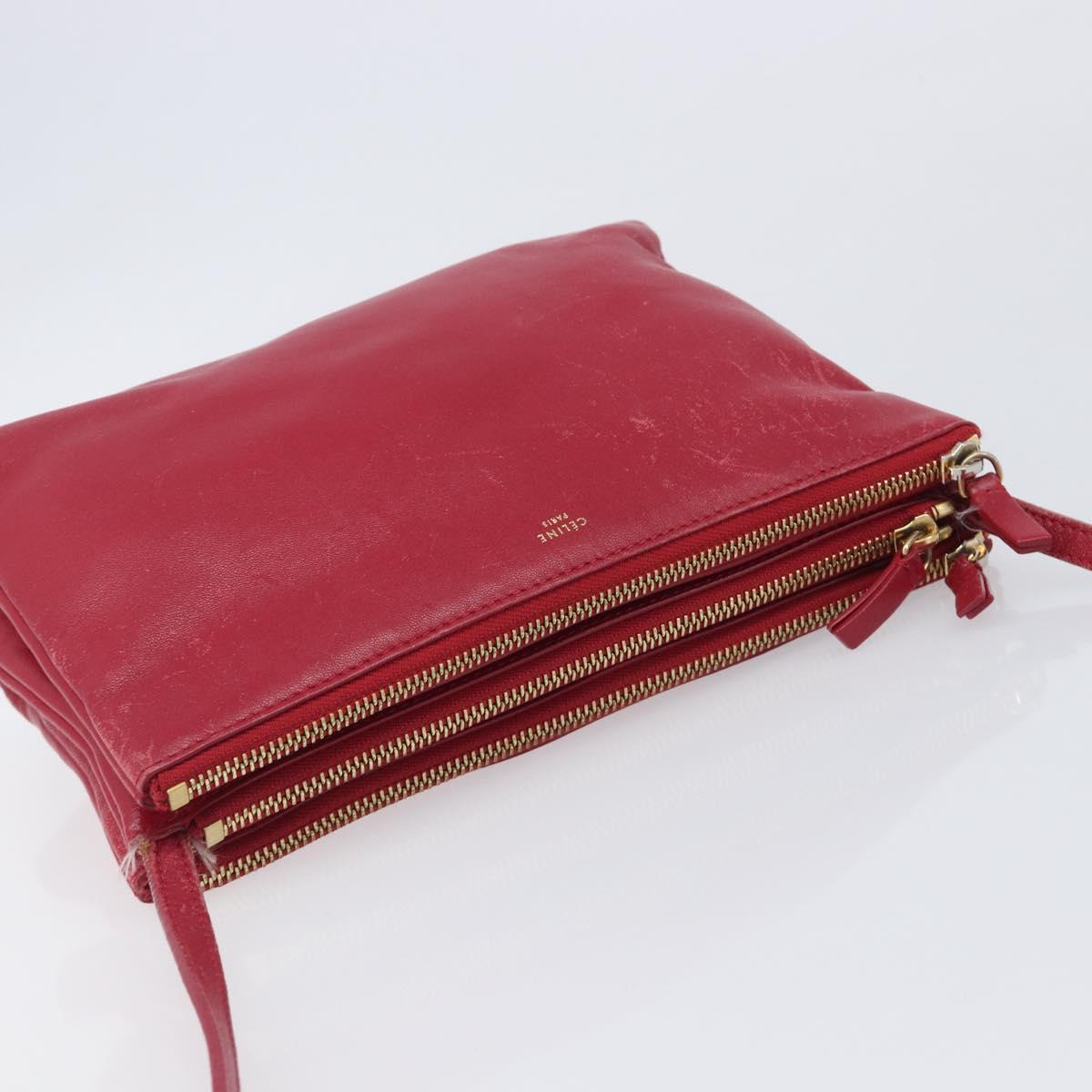 CELINE Trio Shoulder Bag Leather Red Gold Tone Auth ep17054