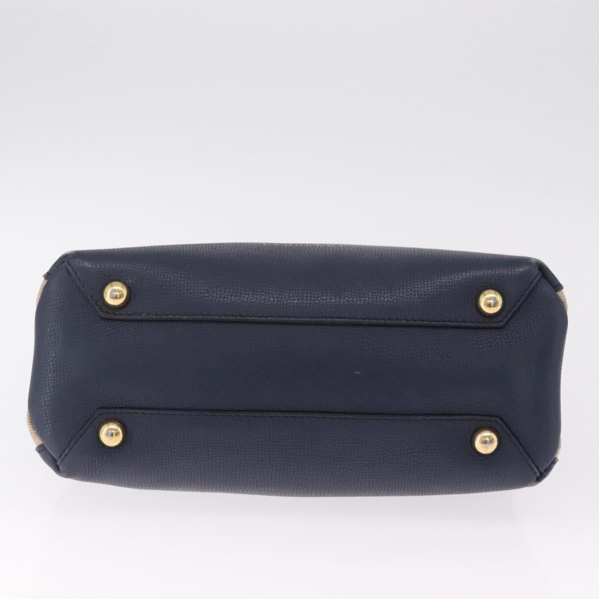 BURBERRY Hand Bag Leather 2way Navy Gold Tone Auth ep17058