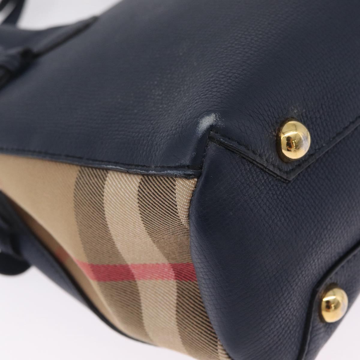 BURBERRY Hand Bag Leather 2way Navy Gold Tone Auth ep17058