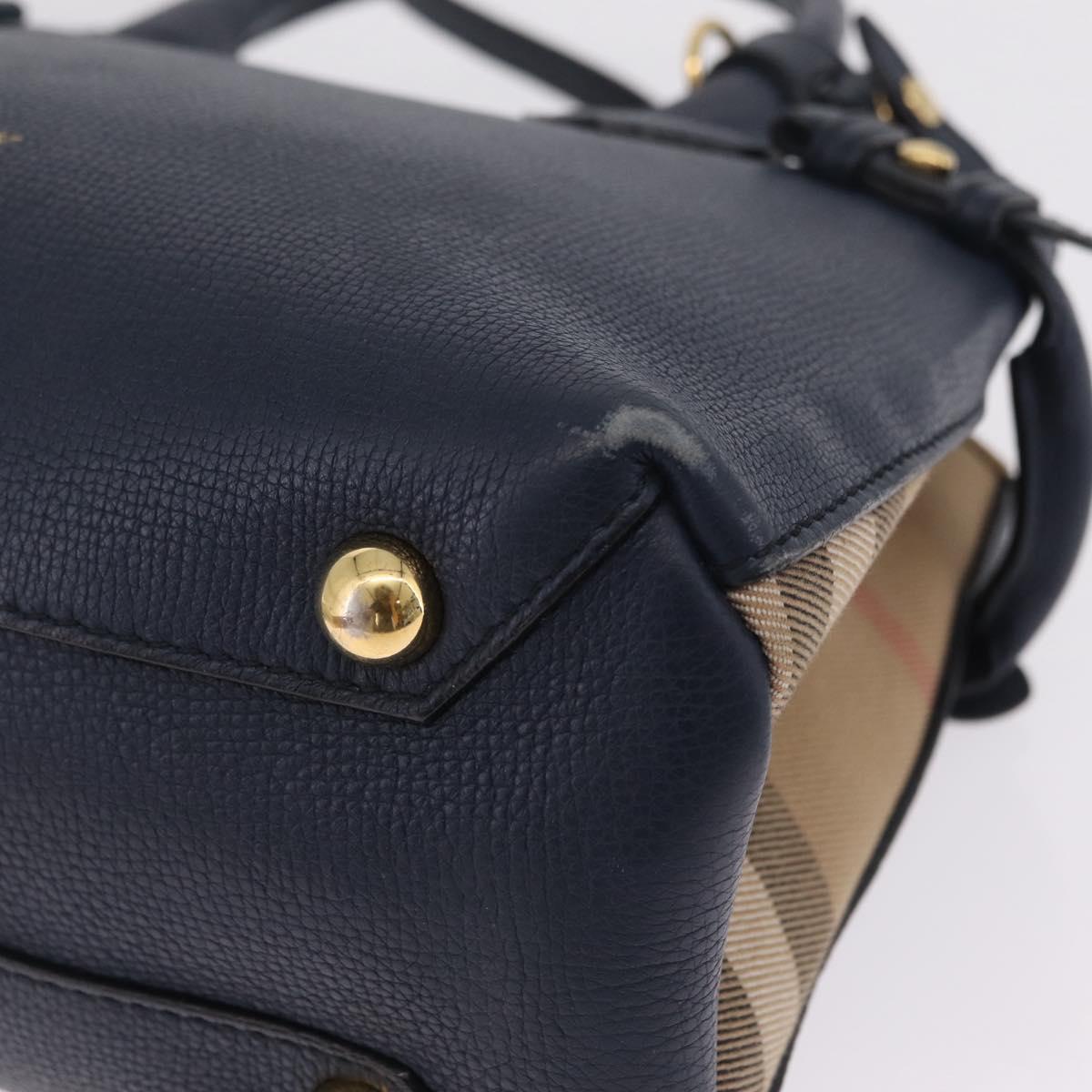 BURBERRY Hand Bag Leather 2way Navy Gold Tone Auth ep17058