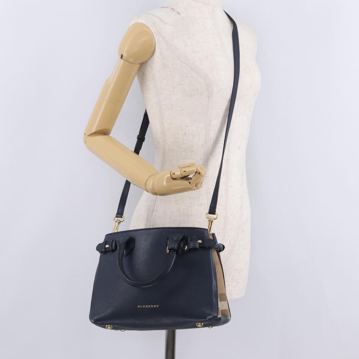 BURBERRY Hand Bag Leather 2way Navy Gold Tone Auth ep17058