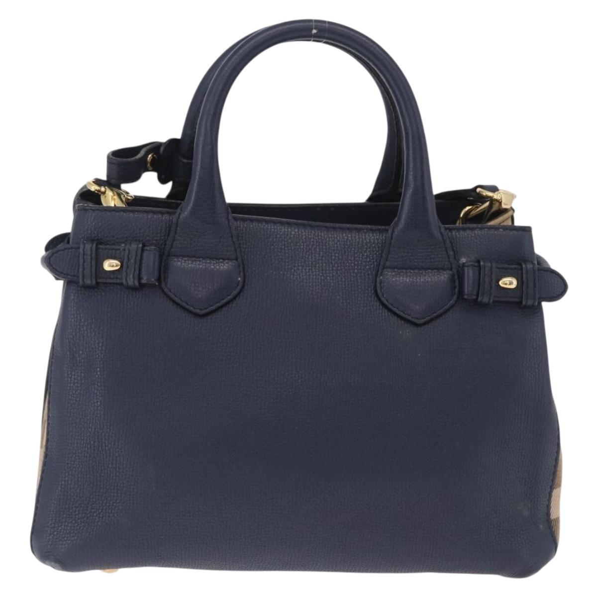 BURBERRY Hand Bag Leather 2way Navy Gold Tone Auth ep17058