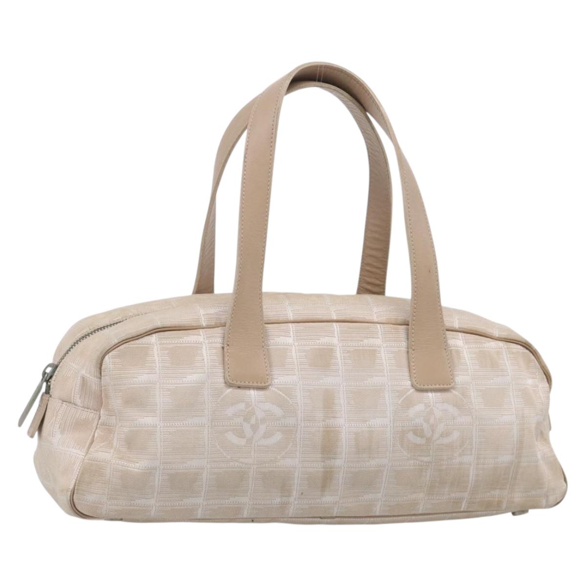 CHANEL New Travel Line Hand Bag Canvas Beige Silver CC Auth ep17062